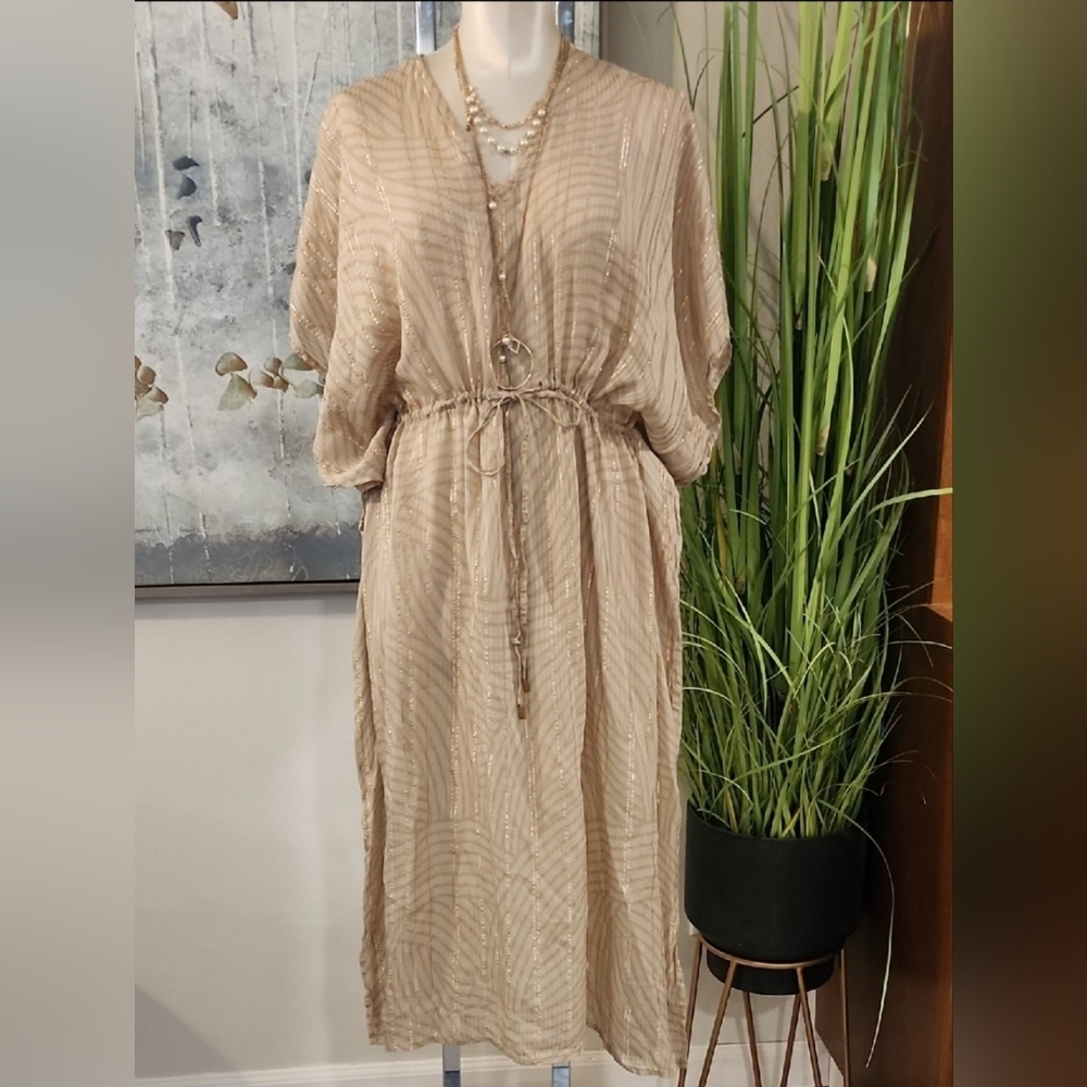 Anthropologie bl^nk  One Size V-Neck Shine Kaftan Midi Gold Pullover